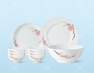 Bộ bàn ăn 9 món vẽ hoa đào xuân - LPBD39