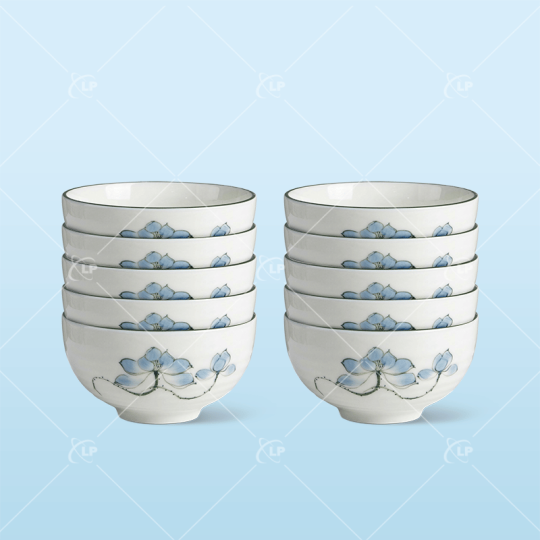 Bộ 10 chén sứ men kem sen xanh - LPBD27