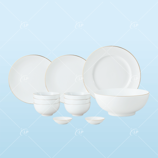 Set bàn ăn 12 món viền kẻ vàng - LPBD44
